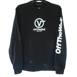 VANS OFF THE WALL Blk Wht Sweatshirt Chest Logo Pullover Sleeve Spellout Men Sm